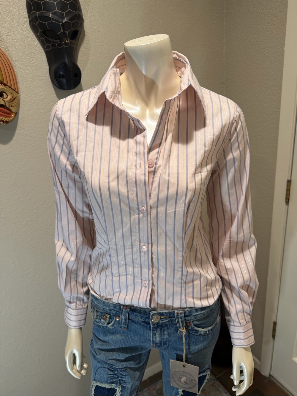 Y2k Moda International Light Pink and Blue Striped Button-Down Shirt